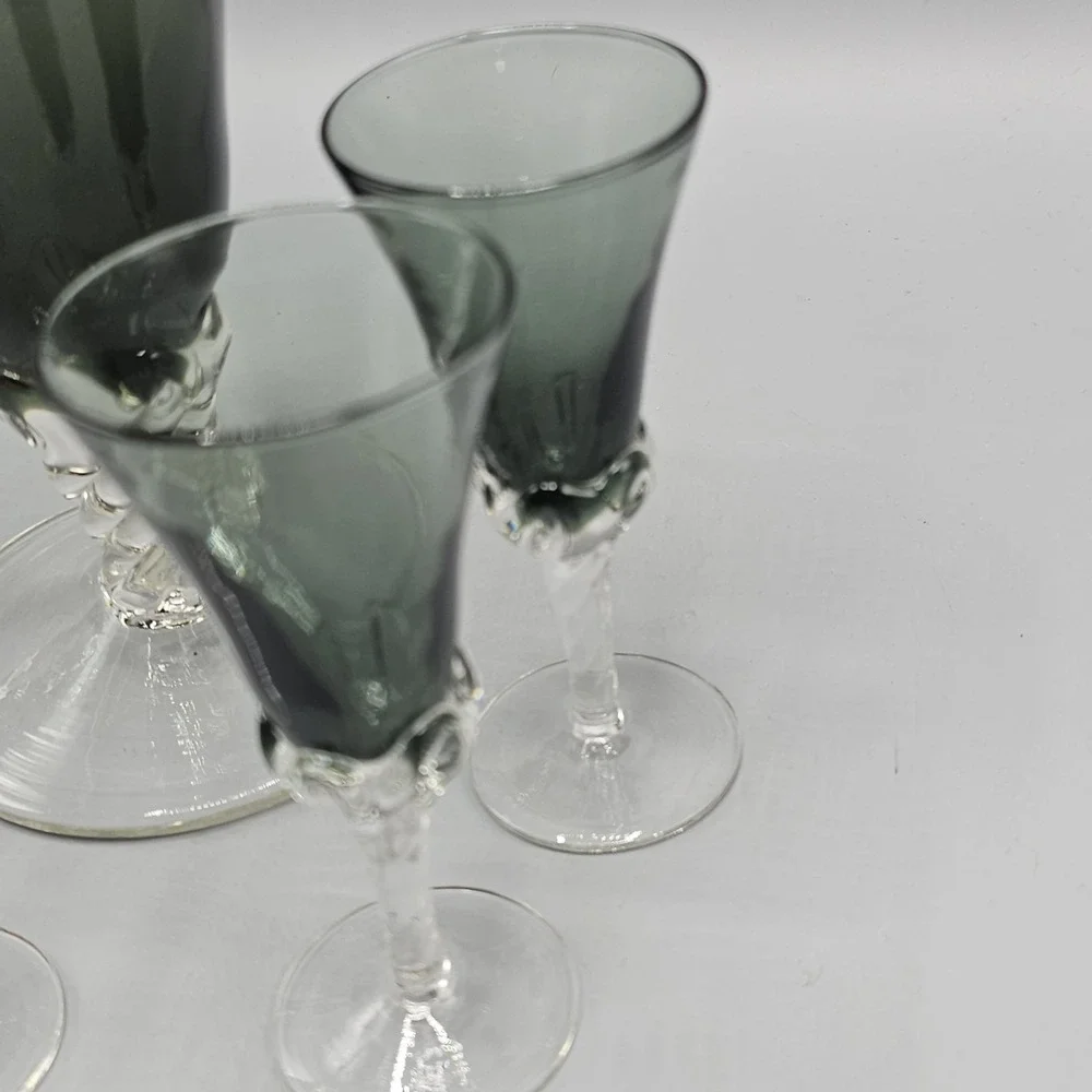 Vintage Empoli Italian Smoke Grey Decanter & Cordial Glasses Set 5 Twisted‎ Foot